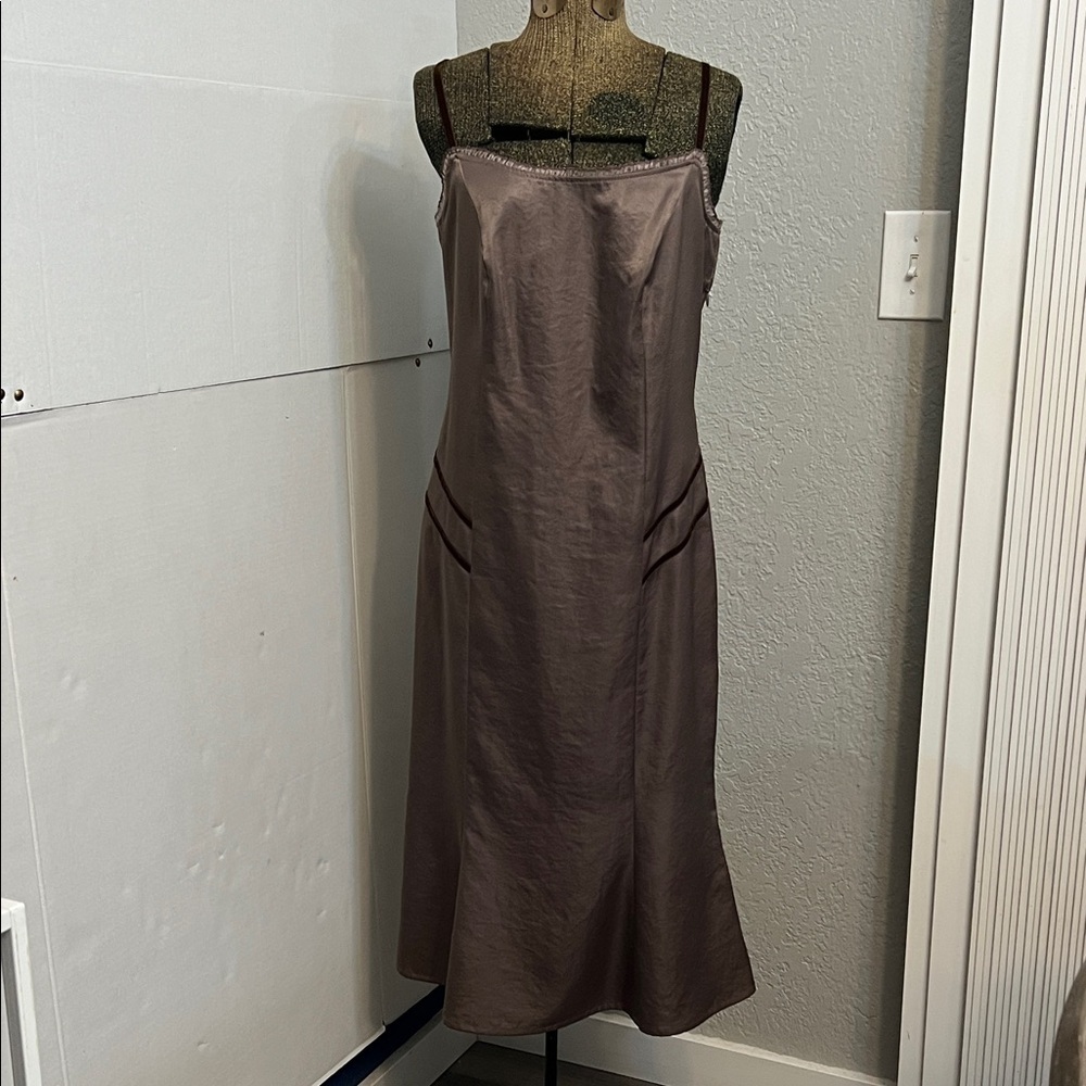 90’s CLAIRE.DK INSPIRES YOU BROWN MIDI DRESS WITH VELVET STRAPS & DETAIL SIZE 8